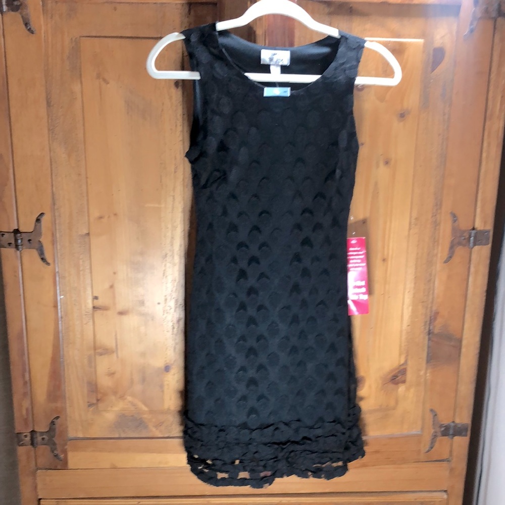 Black Tank A-line Dress, Net Print Overlay with a Lace Ruffle Hem. sz Small